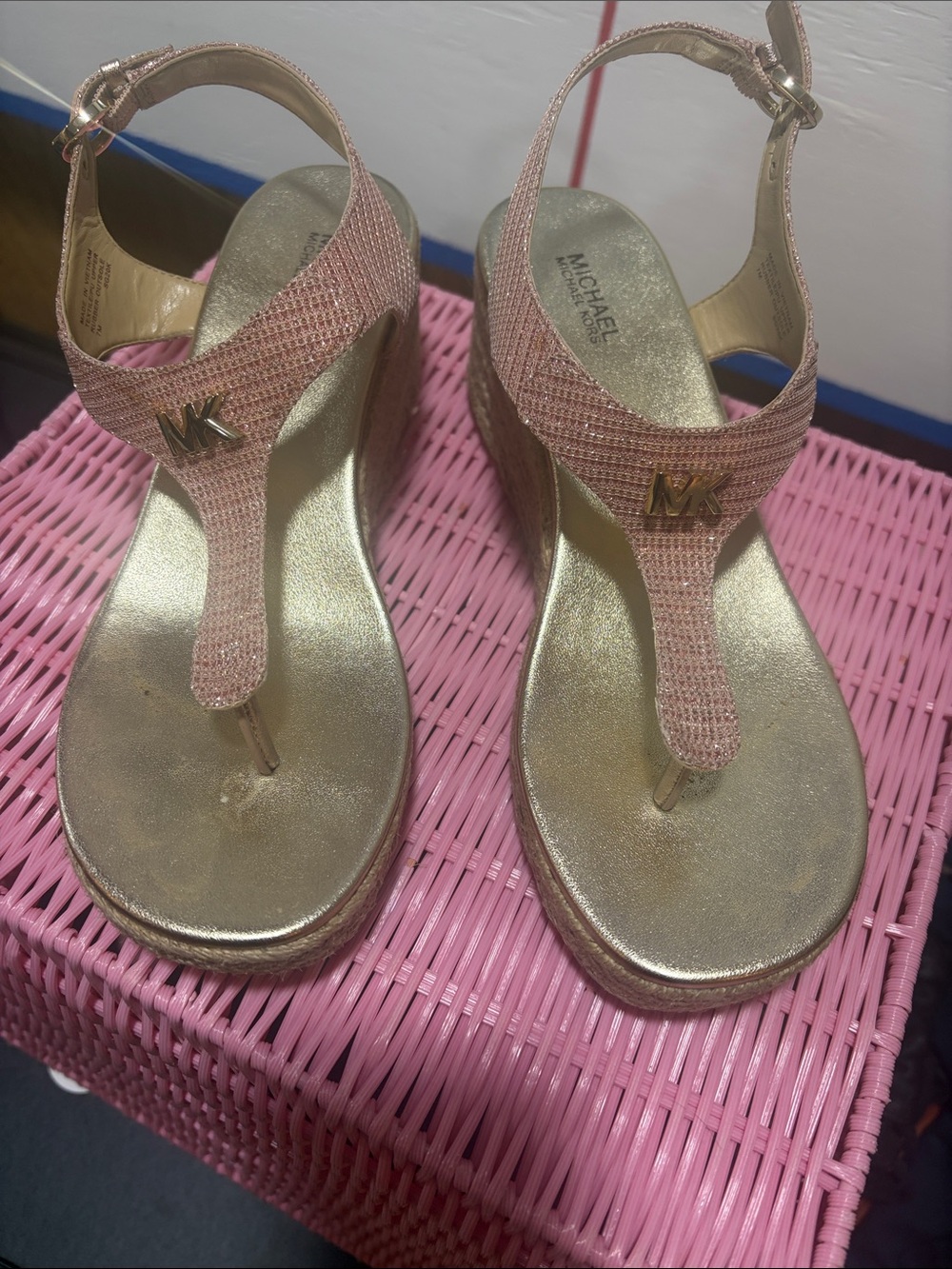 Michael Kors Rose Pink and Gold Wedge Sandals with MK Logo